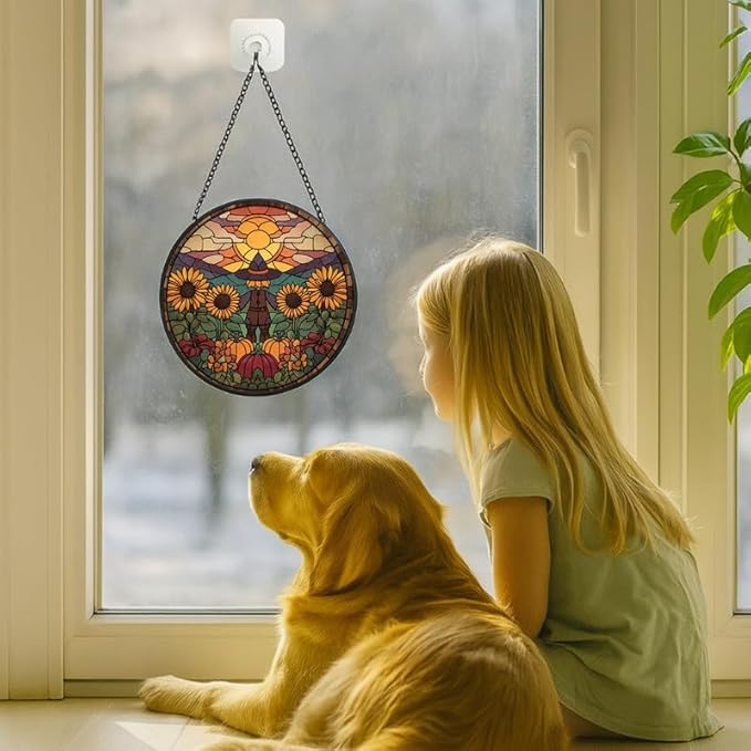 Stained Glass Window Hanging Scarecrow Sunflower and Pumpkin Sun Catchers Panel for Indoor Decorative Display for Mom, Wife, Lovers, Festive