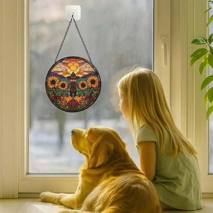 Stained Glass Window Hanging Scarecrow Sunflower and Pumpkin Sun Catchers Panel for Indoor Decorative Display for Mom, Wife, Lovers, Festive