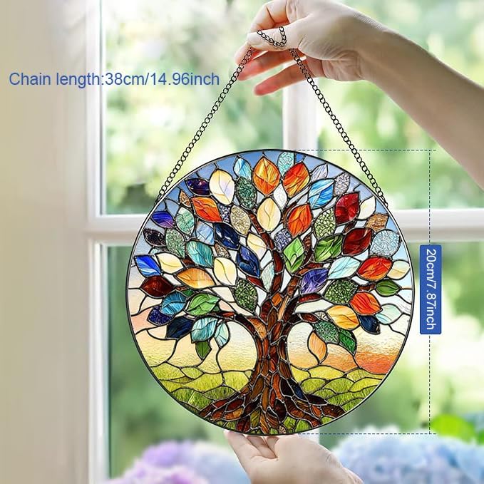 Stained Glass Window Hanging, Tree of Life Suncatcher for Window Doors Garden Home Decoration, Colorful Leaves Glass Panel Ornaments for Women,Men,Wife, Lovers, and Mom 7.8×7.8 in