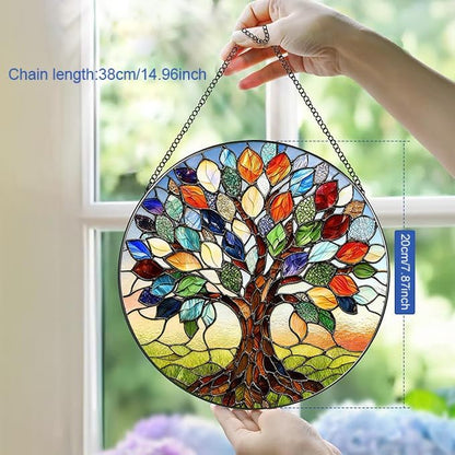 Stained Glass Window Hanging, Tree of Life Suncatcher for Window Doors Garden Home Decoration, Colorful Leaves Glass Panel Ornaments for Women,Men,Wife, Lovers, and Mom 7.8×7.8 in