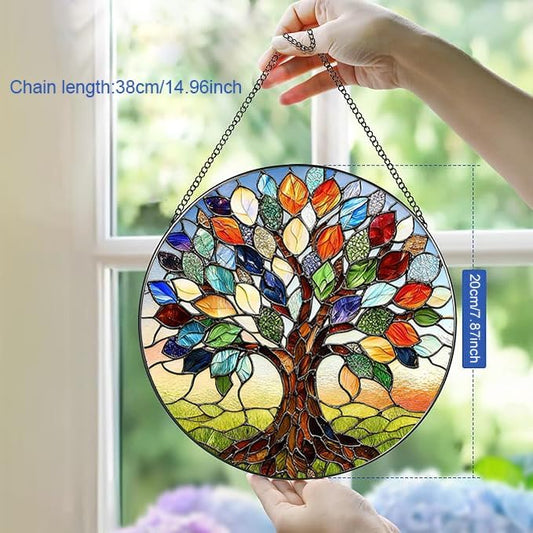 Stained Glass Window Hanging, Tree of Life Suncatcher for Window Doors Garden Home Decoration, Colorful Leaves Glass Panel Ornaments for Women,Men,Wife, Lovers, and Mom 7.8×7.8 in