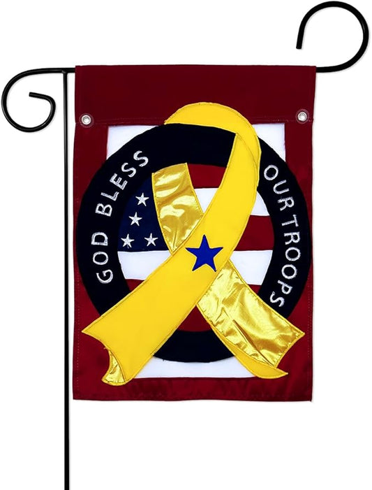 God Bless Our Troops Flag Backyard Wall Hanging Decor Canvas Home Armed Forces American Support Yellow Ribbon Yard Sign Embroidered Tapestry USA Deployed Poster Military Decorations Veteran Gift