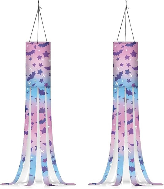 Halloween Bats Stars Windsock Hanging Flag Durable Fabric Polyester Wind Sock with Tails Patio Lawn Garden Tree Party Fall Thanksgiving Decoration