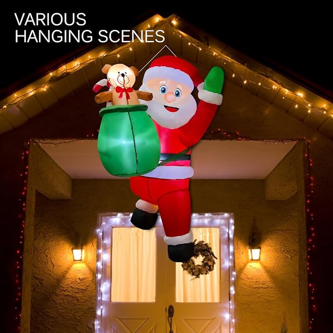 BLOWOUT FUN 4FT Christmas Inflatable Hanging Santa with Gift Bag Decorations, Blow Up Climbing Santa with Build-in LED for Xmas Party, Outdoor, Yard, Garden, Lawn Winter Decoration