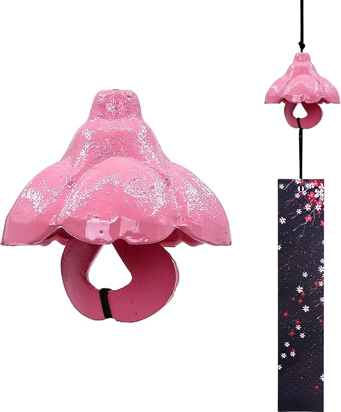 Japanese Wind Chime Cast-Iron Outdoor Ornament for Garden, Patio & Balcony, Hanging Metal Wind-Bell Decoration Gift, Blessing Pendant Windchimes & PVC Wind-Catcher, Cherry Blossom Petals