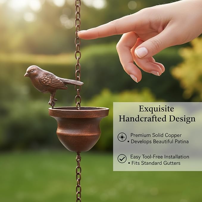 Metal Bird Rain Chain for Gutters, 7.8 Ft Rust-Resistant Outdoor Rain Catcher with Hanging Gutter Adapter, Perfect for Heavy Rain, Indoor/Outdoor Decoration, Dark Bronze Finish