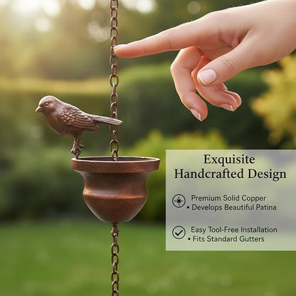 Metal Bird Rain Chain for Gutters, 10.2 Ft Rust-Resistant Outdoor Rain Catcher with Hanging Gutter Adapter, Perfect for Heavy Rain, Indoor/Outdoor Decoration, Dark Bronze Finish