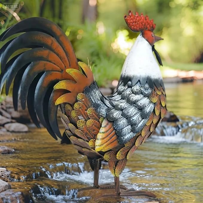 Kircust Garden Rooster Statues & Sculpture, Metal Chicken Animal Yard Art Lawn Ornament Figurines Artwork for Outdoor, Patio,Backyard and Home Kitchen Decoration