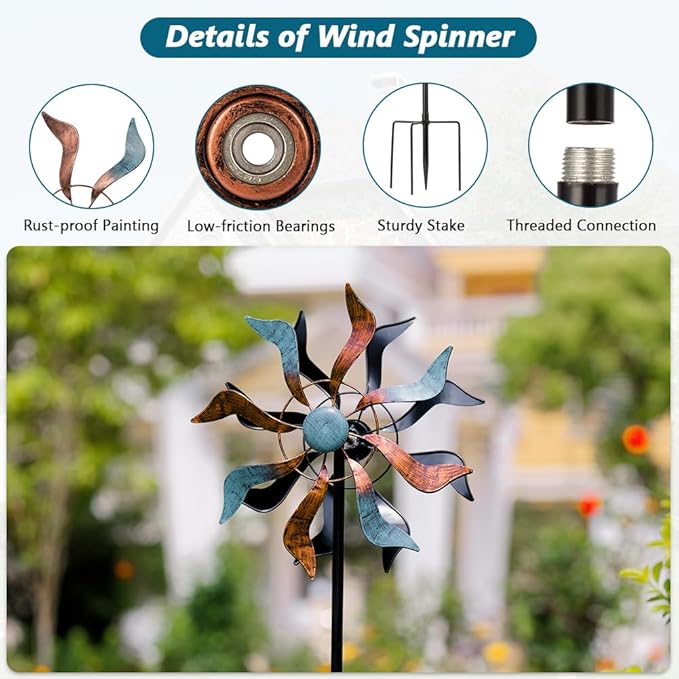 Wind Spinner Outdoor, 13 Inch Dia Kinetic Wind Sculptures & Spinners, 41" Tall Metal Windmill for Garden Yard Decor, Copper Blue
