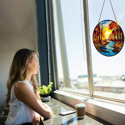Sunrise Tree and River Landscape Stained Glass Suncatcher for Window Hanging - Handmade Mountains Sun Catchers Diamond Art Stain Glass Panel - Mother's Day Birthday Gift for Mom Grandma Nature Lovers