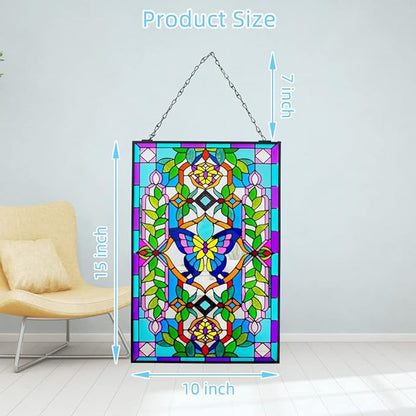 Viveta Butterfly Stained Glass Window Hangings, 10" W x 15" H Suncatcher Panel Windows Wall Decor with Metal Frame & Chain