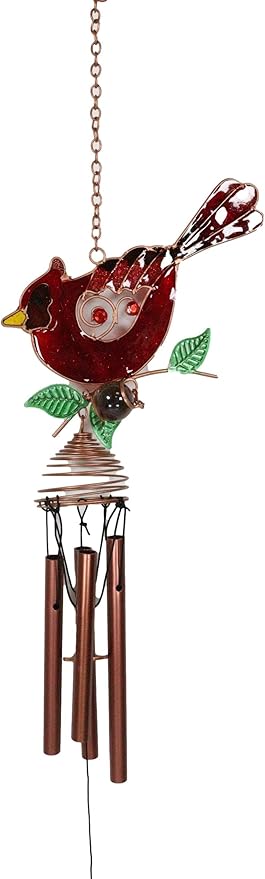 Ebros Gift Artistic Stained Glass Red Cardinal Bird Perching On Twig Branch Copper Metal Wind Chime 24.25" Long Hanging Mobile Outdoor Patio Garden Decor Accessory
