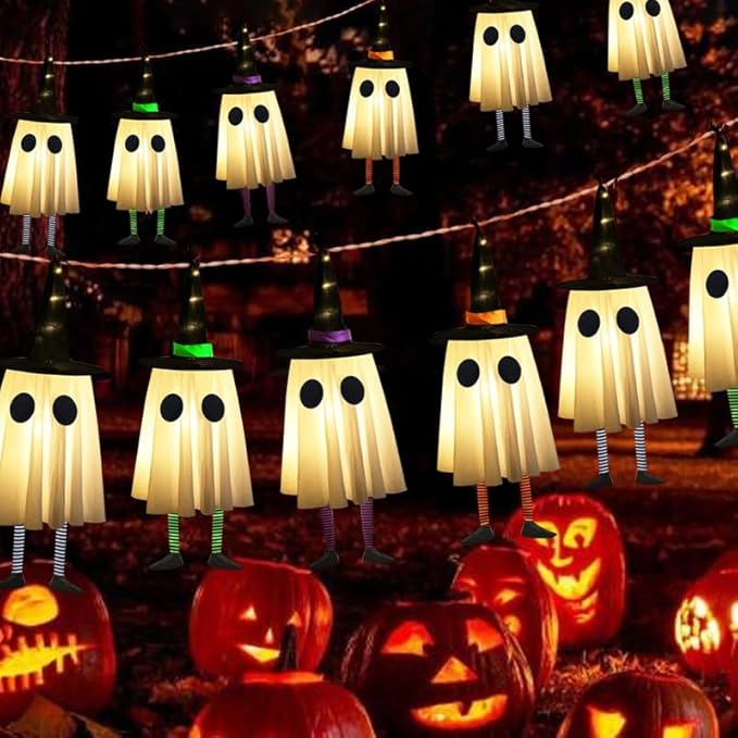 Set of 4 Halloween Hanging Ghosts, Halloween Decorations Outdoor Hanging Ghosts with Witch Hat,Glowing Ghost Witch Hat Lights, Light up Ghost Decor for Yard Patio Garden Tree Outside(4 Ghost Lighted)
