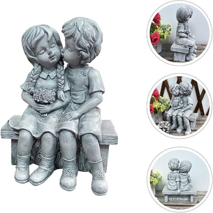 Yardwe Resin Kissing Figurines Outdoor Garden Statue Boy and Girl Couple Sculpture Table Decor for Patio Lawn and Home Decoration