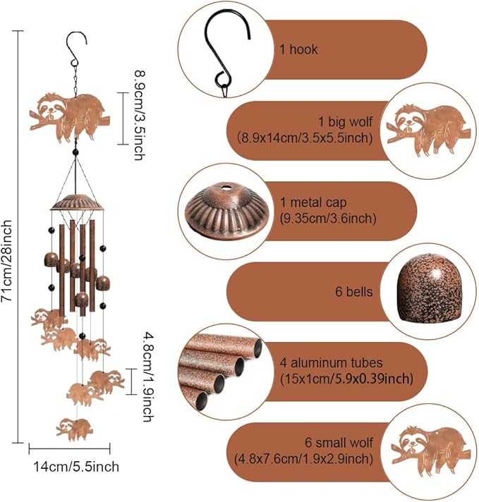 OLYCRAFT Sloth Wind Chimes Outdoors Wind Chime Sympathy Memorial Windchime Iron Windchime Memorial Presents Hanging Windbell for Patio Backyard Home Garden Pendant Decoration - 28 Inch