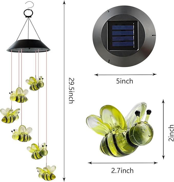 Solar Wind Chimes, Bee Wind Chimes Gifts for Mom Grandma Women Wife Girls, IP65 Waterproof Hanging Memorial Windchimes with 7 Color Changing LED Lights for Outside Garden Yard Decorations