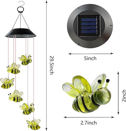 Solar Wind Chimes, Bee Wind Chimes Gifts for Mom Grandma Women Wife Girls, IP65 Waterproof Hanging Memorial Windchimes with 7 Color Changing LED Lights for Outside Garden Yard Decorations