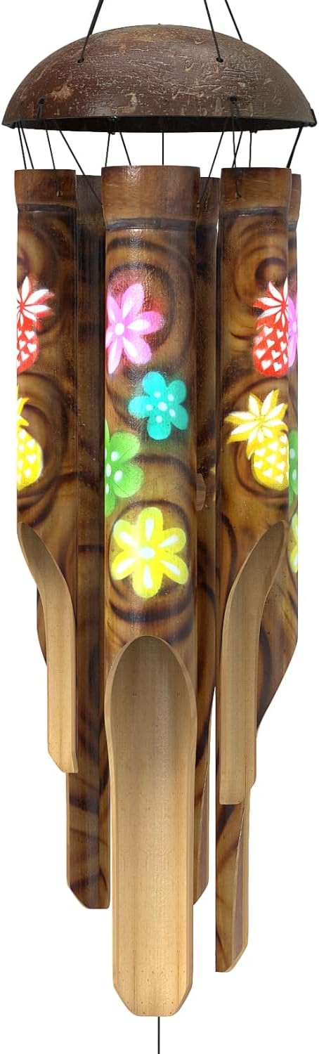 Nalulu Piney Bamboo Wind Chimes - Outdoor Wood Wooden Windchimes, Tropical Design with Coconut Crown, Handcrafted with Calming Deep Tones, Ideal Home Decor or Gift for Any Occasion