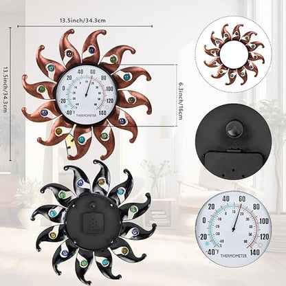 VEWOGITF Sun Outdoor Thermometer, Copper Wall Thermometer No Need Battery, 13.5" Dia Metal Indoor Thermomter with Beads Decor for Patio Home Room