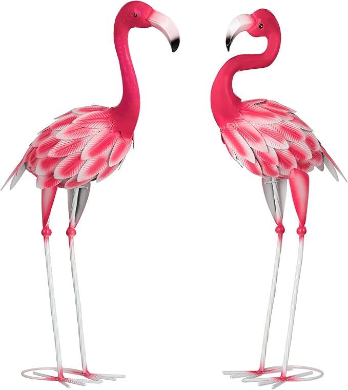 Set of 2 Pink Flamingo Outdoor Statues, Metal Yard Flamingo for Garden Patio Lawn Backyard Decorations