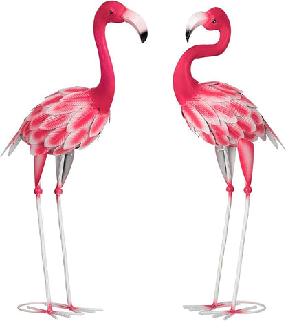Set of 2 Pink Flamingo Outdoor Statues, Metal Yard Flamingo for Garden Patio Lawn Backyard Decorations