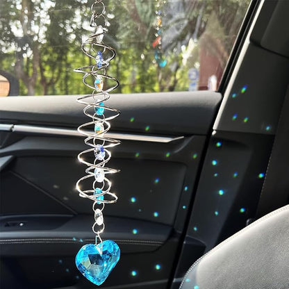 Big Heart Crystal Sun Catchers for Windows Hanging, Double-Spiral Design Gazing Ball Spiral Tail, Rainbow Maker Prism, Sun Catchers Indoor Window for Kitchen, Patio, Porch, Garden(Sky Blue)