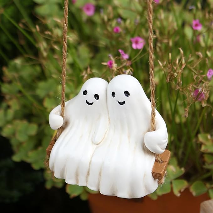 Swing Ghost Couple Garden Statue Outdoor Halloween Decor, 3.1 Inch Cute Ghost Figurine Resin Sculpture Funny Tree Hanging Ornaments for Patio Lawn Yard