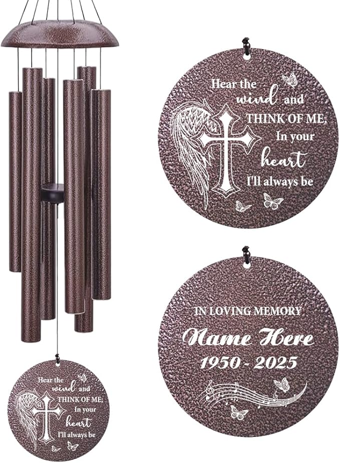 Personalized Sympathy Wind Chimes, 36inch Custom Memorial Gifts for Loss of Loved One, Cross Wing Wind Chimes in Loving Memory of Dad/Mom, Condolences Gifts for Funeral (Produced in USA)