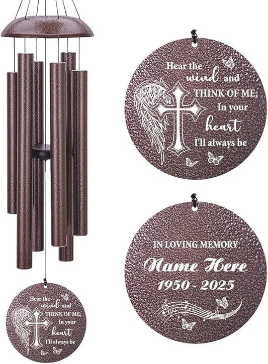 Personalized Sympathy Wind Chimes, 36inch Custom Memorial Gifts for Loss of Loved One, Cross Wing Wind Chimes in Loving Memory of Dad/Mom, Condolences Gifts for Funeral (Produced in USA)