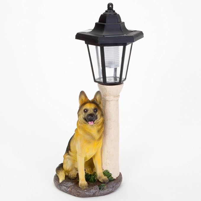 Bits and Pieces - Solar Dog Lantern-Solar Powered Garden Lantern - Resin Dog Sculpture with LED Light (Shepherd) - 13.5"