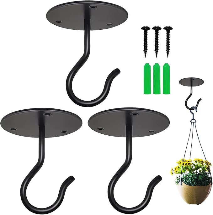 3 Pack Ceiling Hooks for Hanging Plants, Metal Plant Bracket Wall Mount Hangers Hooks Hanging for Bird Feeders, String Lights, Wind Chimes, Planters, Indoor Decorations, Black
