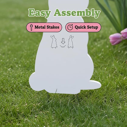 4PCS Easter Bunny Yard Decorations,Waterproof PVC Bunny Signs with Metal Stakes & Colorful Egg Bows for Outdoor Spring Garden and Lawn Decor