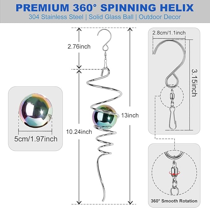 Gazing Ball Spiral Tail Wind Spinner, 13 Inch Stainless Steel with Hanging Swivel Hook, Colorful Metal Orb Creates Captivating Visual Illusion Spinning, Indoor Outdoor Decor for Garden Yard Patio Gift