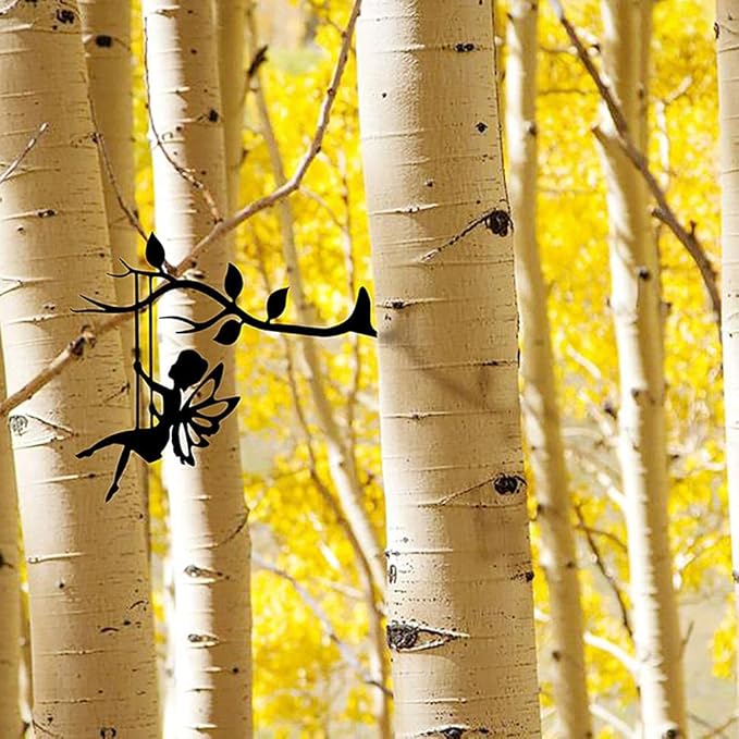 Fairy Silhouette Statue, Metal Fairy Branch Decoration Outdoor Metal Craft Fairy Statue for Garden Backyard Tree Decor, Hanging Ornament (28 x 23 cm) (Black)