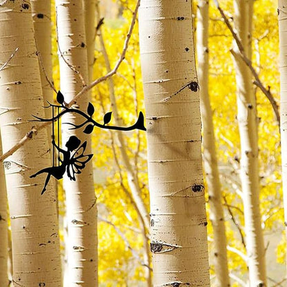 Fairy Silhouette Statue, Metal Fairy Branch Decoration Outdoor Metal Craft Fairy Statue for Garden Backyard Tree Decor, Hanging Ornament (28 x 23 cm) (Black)