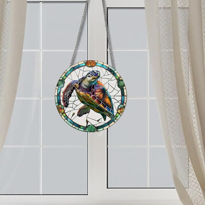 Colorful Turtles Stained Glass Window Hangings with Chain – Acrylic Turtle Ornament for Garden, Patio and Indoor Decor, Housewarming Gift for Mom, Grandma and Marine Life Lovers