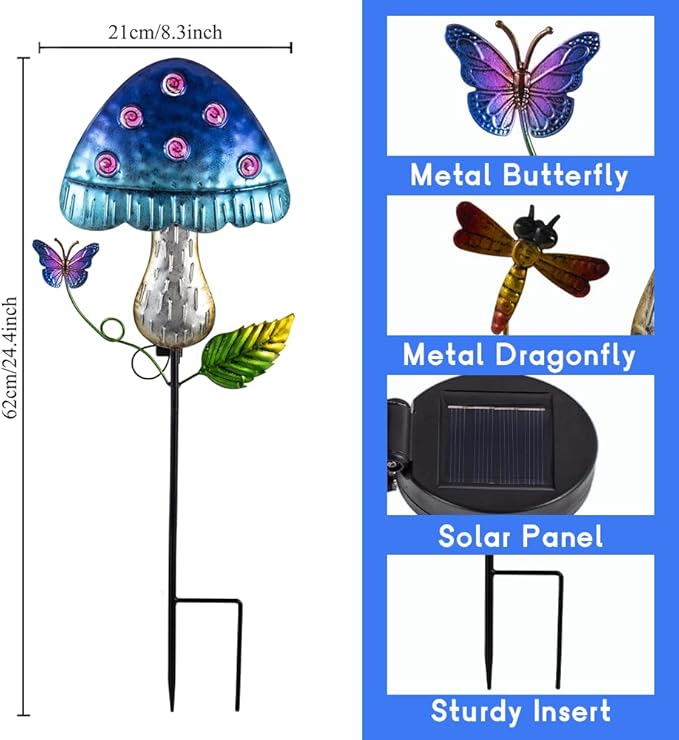 Solar Mushroom Lights for Outside 2 Pack，Mushroom Solar Lights Outdoor Metal Stakes Decorate Garden,Path,Backyard,Flower Bed,Pathway,Lawn