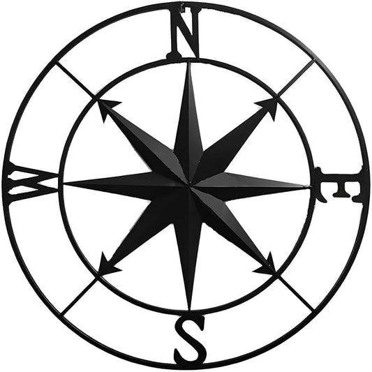 Nightclawing Nautical Compass Wall Decor, Coastal Nautical Beach Decor, Porch Patio Travel Adventure Wall Hanging, 41" (Black)
