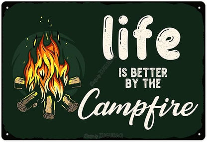 Vintage Metal Funny Camping Tin Sign-Life Is Better By The Campfire Outdoor Porch Patio Home Kitchen Garden Bar Poster Retro Decor Art 8X12 Inch Wall Decor