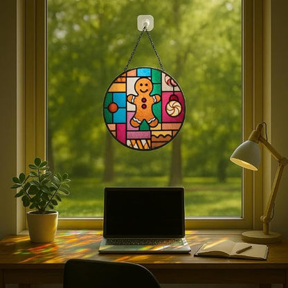 Stained Glass Window Hanging - Christmas Color Block Gingerbread Cookie with Peppermint Ornaments Sun Catchers Panel for Indoor Decorative Display for Mom,Wife,Lovers,Festive