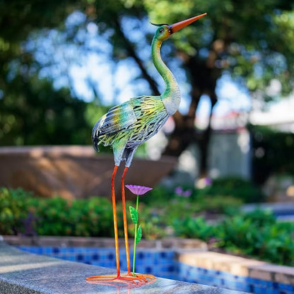 VEWOGARDEN Garden Statues for Outside, 32" Metal Crane Yard Statue Outdoor Animal Statues for Lawn, Patio, Pond, Colorful