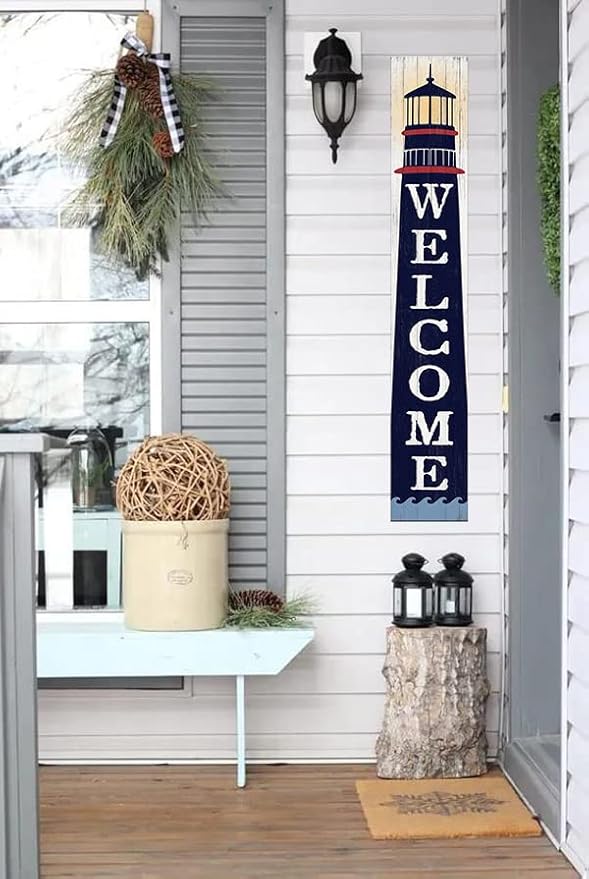 Welcome Lighthouse Sign for Front Door, 4ft Tall Front Porch Decor, Vertical Wooden Signs for Front Porch, Rustic Farmhouse Wood Porch Decorations Outdoor