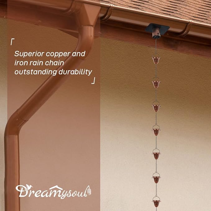 dreamysoul Copper Rain Chains for Outside, 10.43FT with 12 Cups Rain Catcher Chains for Downspout Gutters, Eaves Drainage