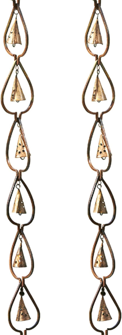 BestNest Ancient Graffiti Aspen Leaf & Bell Rain Chains, Pack of 2 – Decorative Steel Gutter Downspout Replacement with Copper Finish, Leaf Frames & Soothing Bell Chimes