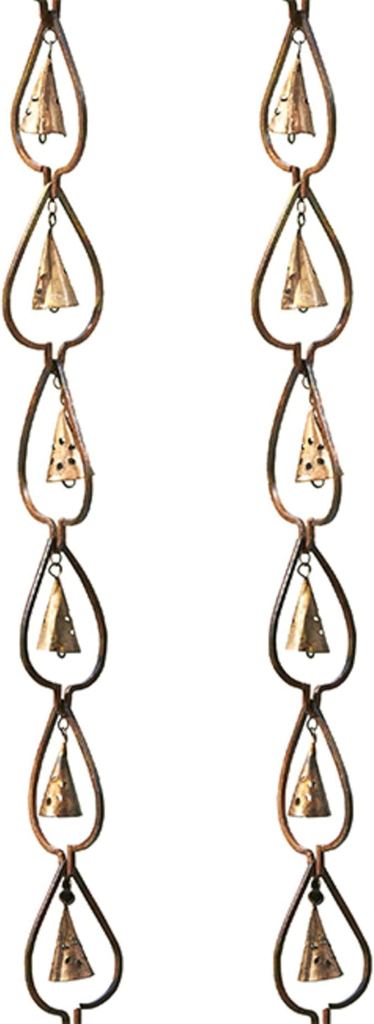 BestNest Ancient Graffiti Aspen Leaf & Bell Rain Chains, Pack of 2 – Decorative Steel Gutter Downspout Replacement with Copper Finish, Leaf Frames & Soothing Bell Chimes