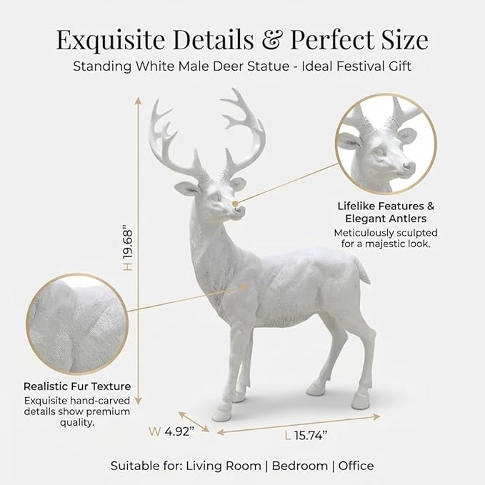 XTAPAN Resin 19.68 Inch Height Standing Deer Statue Animals Sculpture Garden Art Decor Yard Ornament Lawn Garden Outdoor Patio Decoration Figurine White