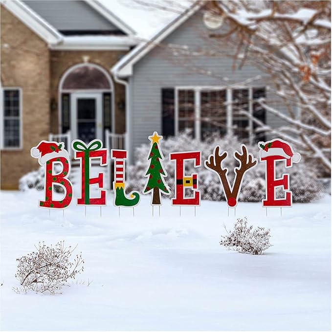 Glitzhome 7 Sets Believe Christmas Yard Stakes, 23" H Metal Garden Ornaments Wall Decor for Christmas Decorations