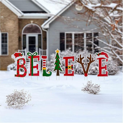 Glitzhome 7 Sets Believe Christmas Yard Stakes, 23" H Metal Garden Ornaments Wall Decor for Christmas Decorations