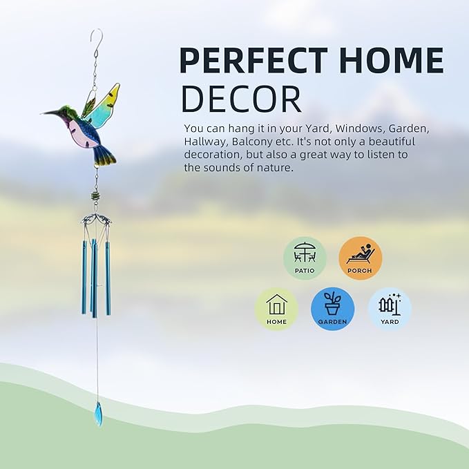 Wind Chimes Hummingbird, Garden Wind Chime for Home, Party, Festival Decor, Glass Garden Patio Yard Porch Decoration Indoor/Outside, Lifelike Hummingbird Deep Tone Style