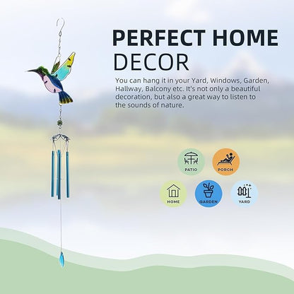 Wind Chimes Hummingbird, Garden Wind Chime for Home, Party, Festival Decor, Glass Garden Patio Yard Porch Decoration Indoor/Outside, Lifelike Hummingbird Deep Tone Style